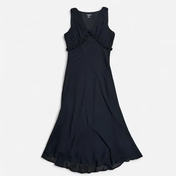 NWT VTG Y2K Karen Kane Black Silk Rosette Beaded Plunge Dark Fairy Maxi Dress L - Picture 6 of 8